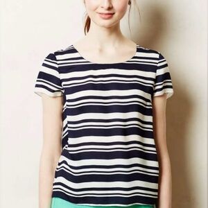 Anthropologie MAEVE Blue White Striped Short Sleeve Sheer Back Blouse Top.